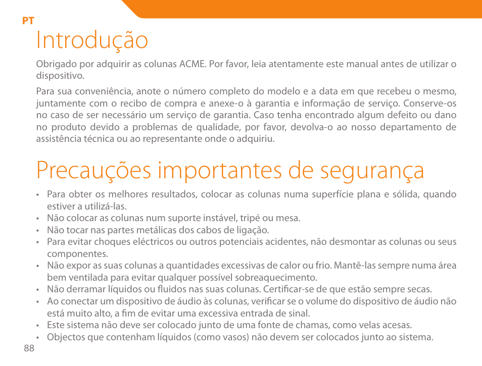 Introdução, Precauções importantes de segurança | Acme SS207 User Manual | Page 88 / 110