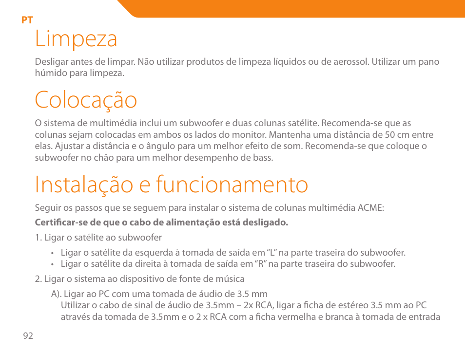 Limpeza, Colocação, Instalação e funcionamento | Acme SS207 User Manual | Page 92 / 110