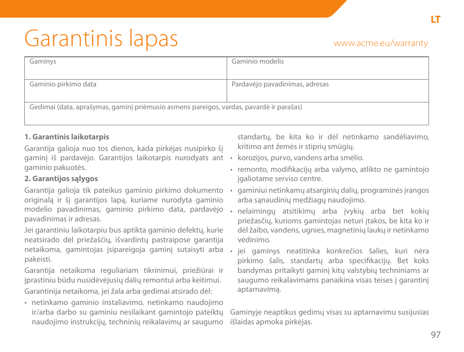 Garantinis lapas | Acme SS207 User Manual | Page 97 / 110