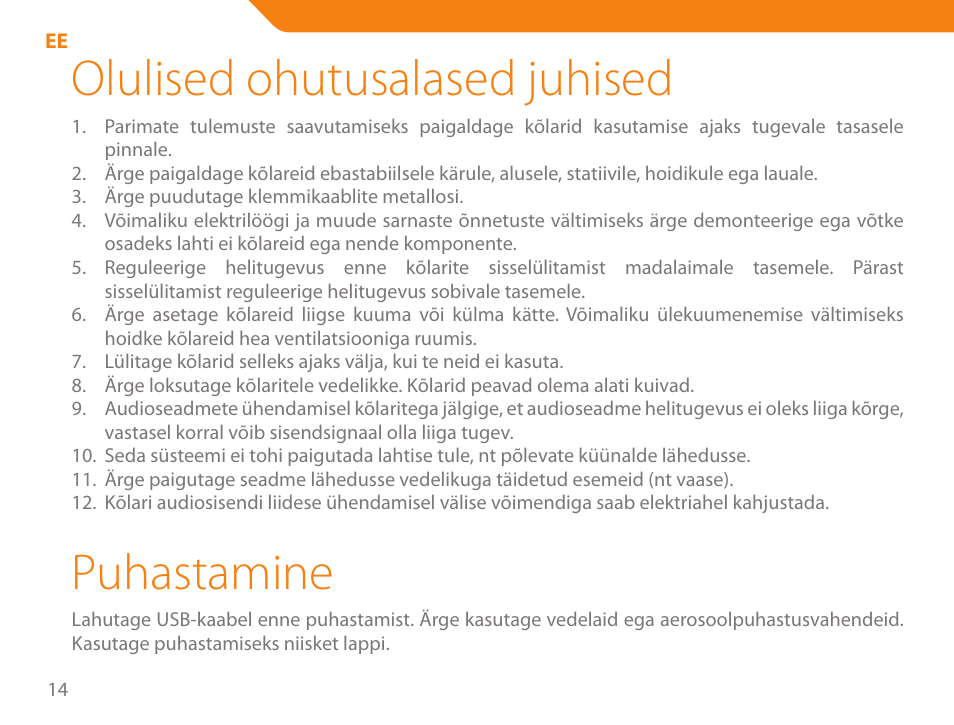 Olulised ohutusalased juhised, Puhastamine | Acme SS204 User Manual | Page 14 / 52