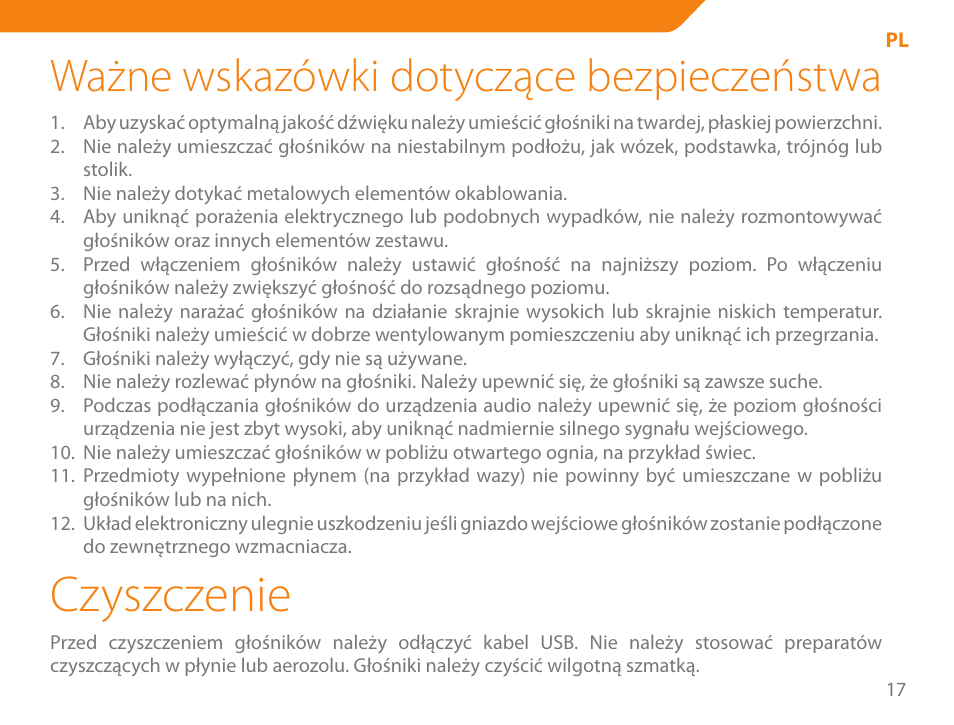 Czyszczenie, Ważne wskazówki dotyczące bezpieczeństwa | Acme SS204 User Manual | Page 17 / 52