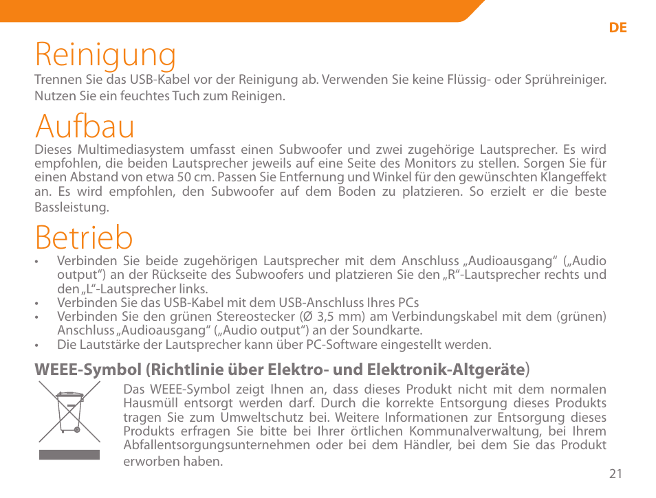 Reinigung, Aufbau, Betrieb | Acme SS204 User Manual | Page 21 / 52