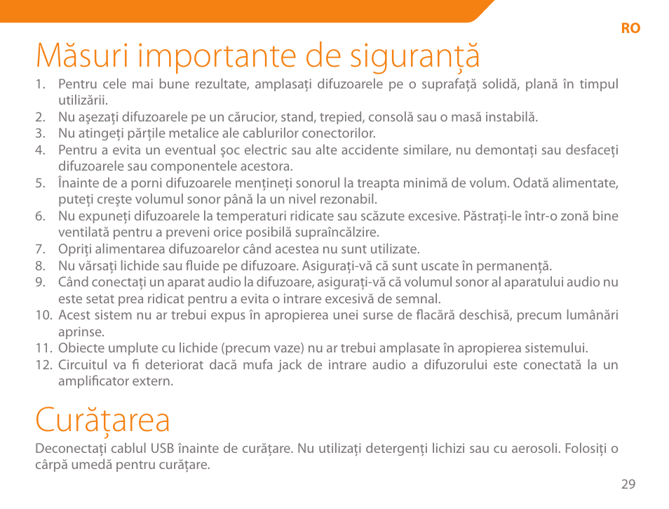 Măsuri importante de siguranţă, Curăţarea | Acme SS204 User Manual | Page 29 / 52