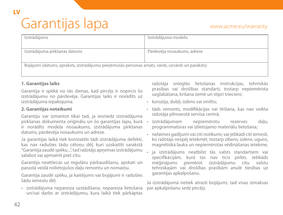 Garantijas lapa | Acme SS204 User Manual | Page 42 / 52