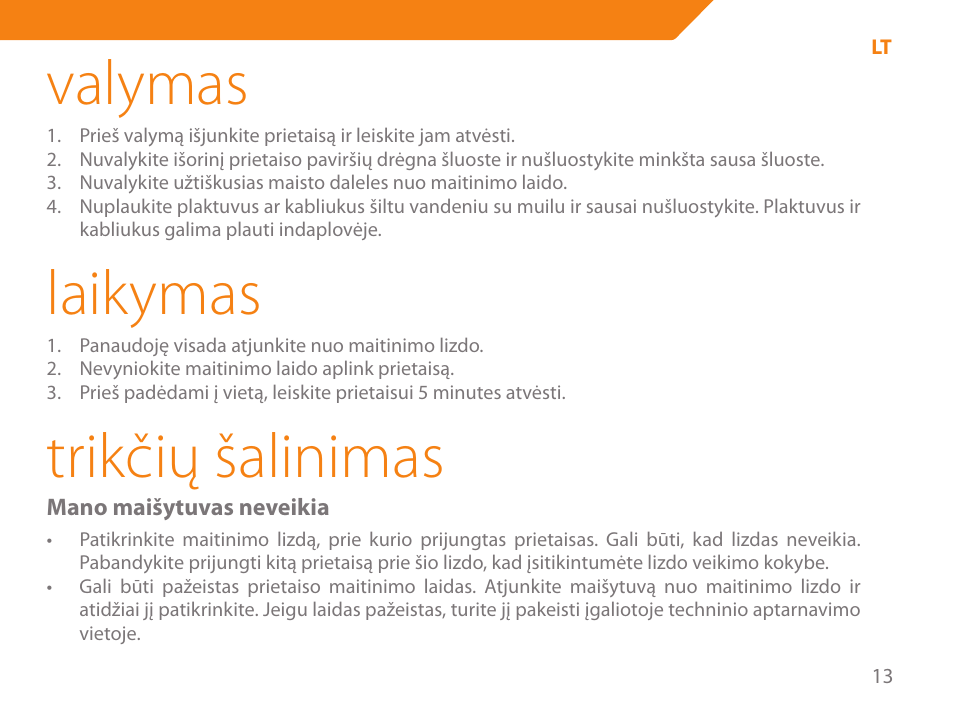 Valymas, Laikymas, Trikčių šalinimas | Acme ME-100 User Manual | Page 13 / 66