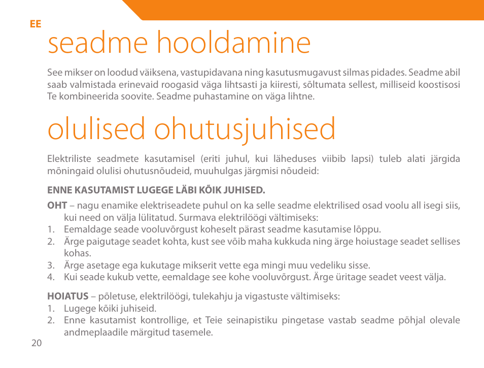 Seadme hooldamine, Olulised ohutusjuhised | Acme ME-100 User Manual | Page 20 / 66