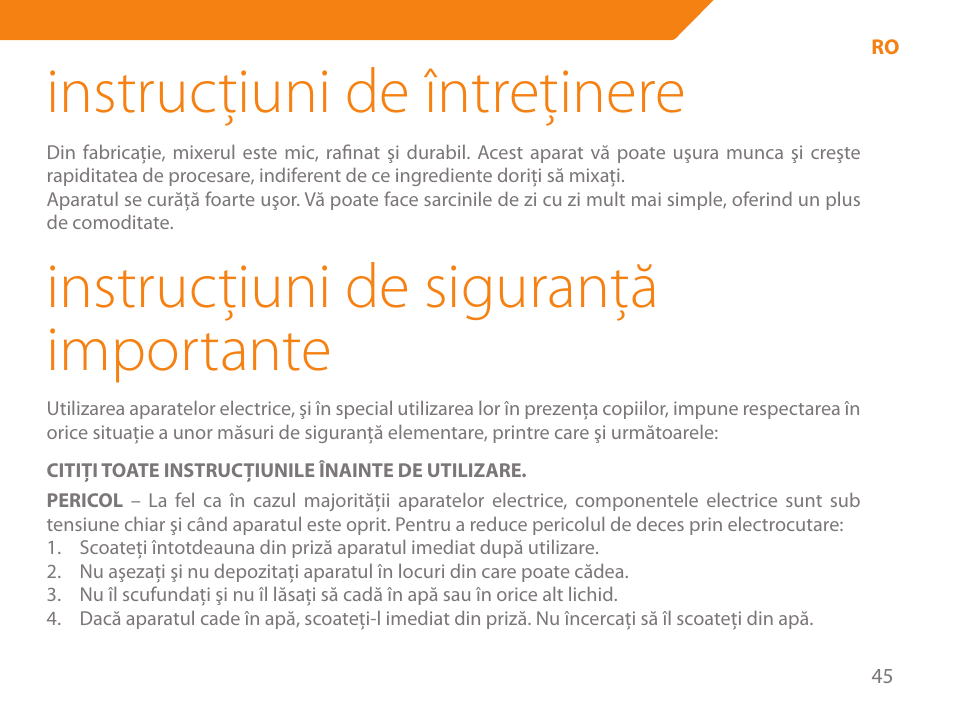 Instrucţiuni de întreţinere, Instrucţiuni de siguranţă importante | Acme ME-100 User Manual | Page 45 / 66