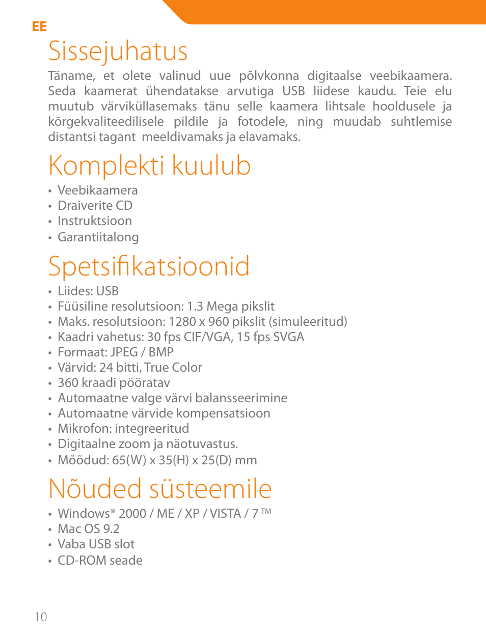 Sissejuhatus, Komplekti kuulub, Spetsifikatsioonid | Nõuded süsteemile | Acme CA11 User Manual | Page 10 / 40