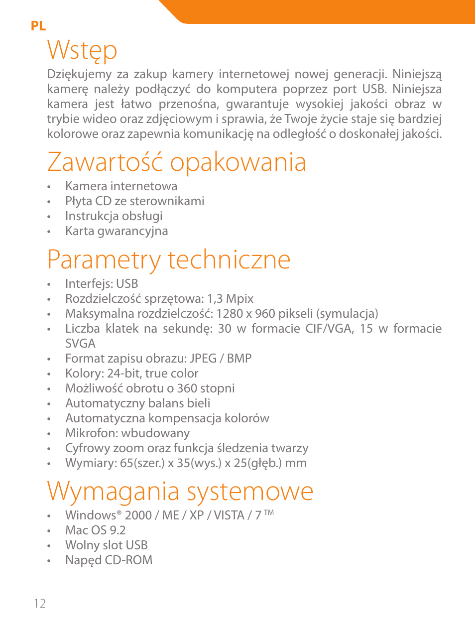 Wstęp, Zawartość opakowania, Parametry techniczne | Wymagania systemowe | Acme CA11 User Manual | Page 12 / 40