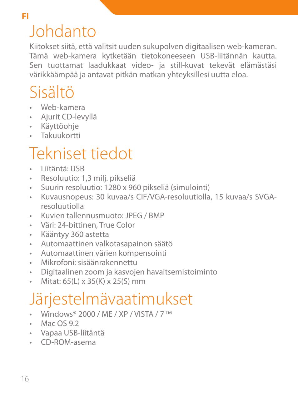 Johdanto, Sisältö, Tekniset tiedot | Järjestelmävaatimukset | Acme CA11 User Manual | Page 16 / 40