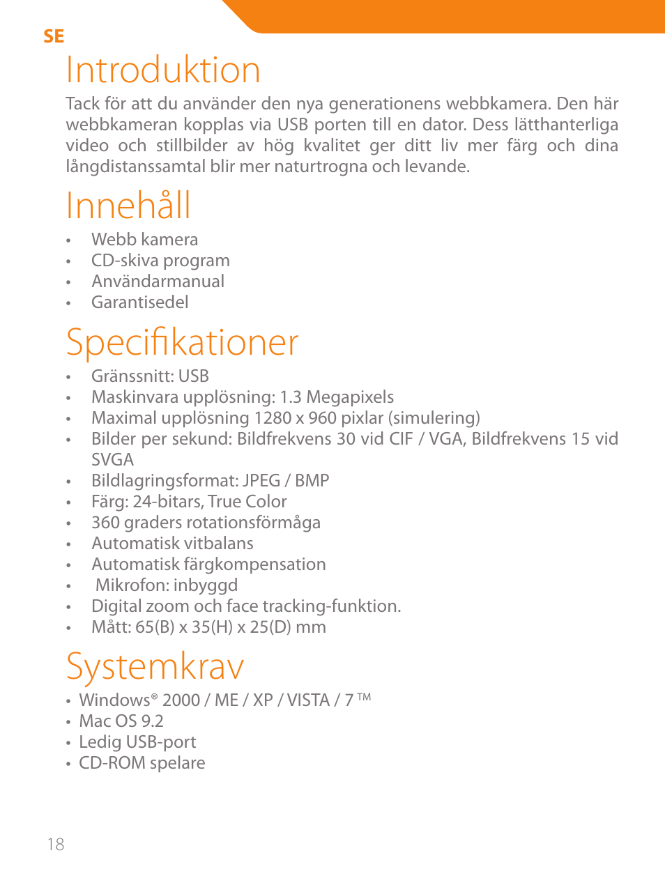 Introduktion, Innehåll, Specifikationer | Systemkrav | Acme CA11 User Manual | Page 18 / 40