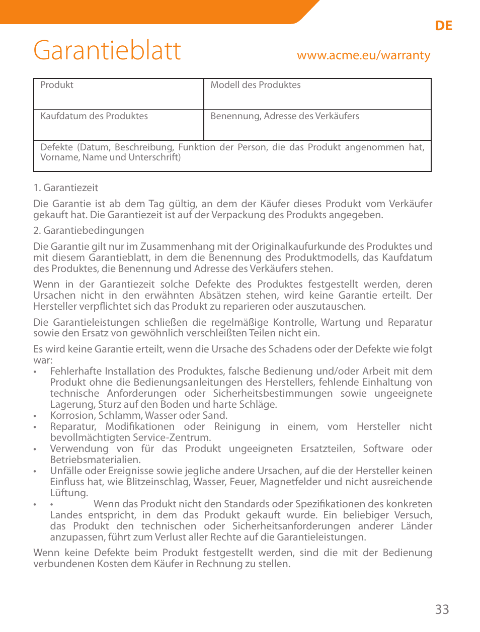 Garantieblatt, 33 de | Acme CA11 User Manual | Page 33 / 40