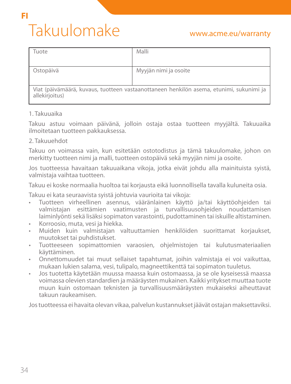 Takuulomake | Acme CA11 User Manual | Page 34 / 40