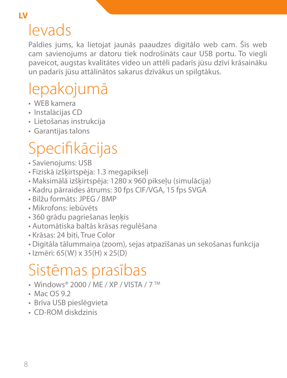 Ievads, Iepakojumā, Specifikācijas | Sistēmas prasības | Acme CA11 User Manual | Page 8 / 40