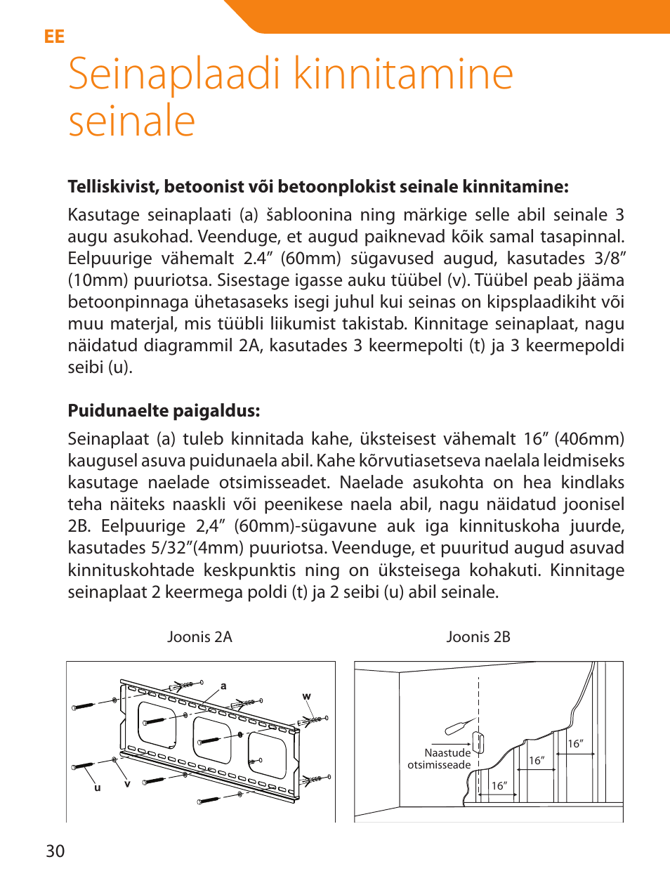 Seinaplaadi kinnitamine seinale | Acme PLB103S User Manual | Page 30 / 102
