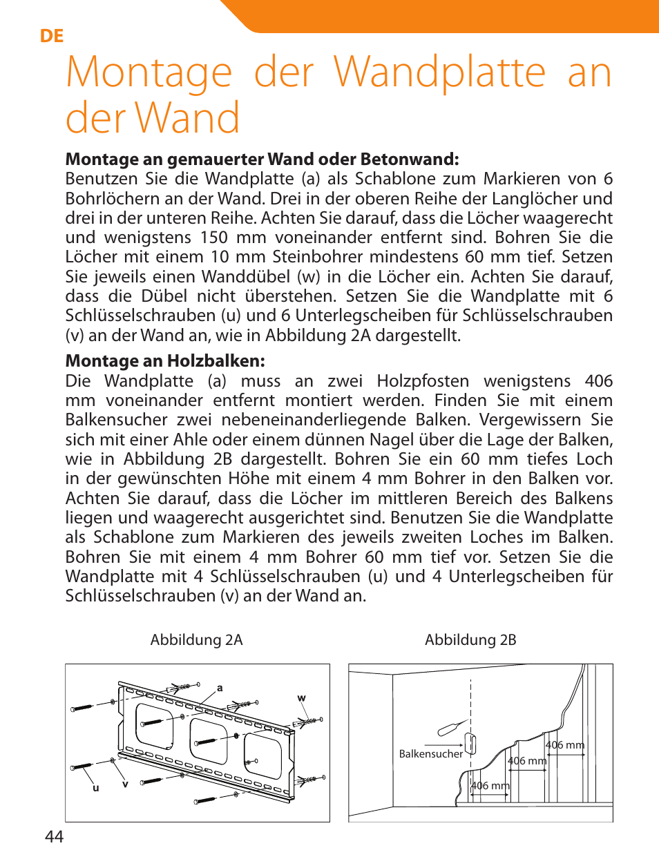 Montage der wandplatte an der wand | Acme PLB103S User Manual | Page 44 / 102