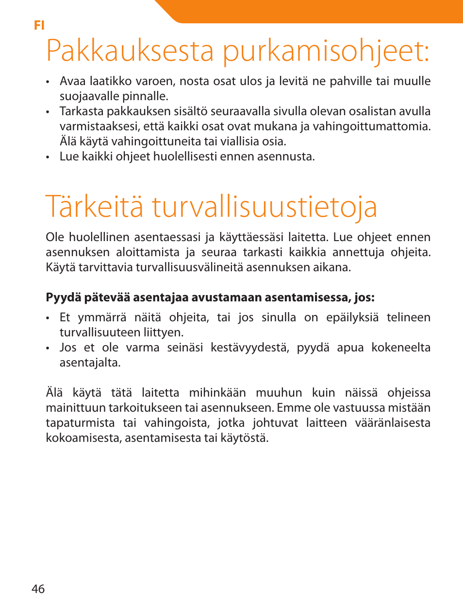 Pakkauksesta purkamisohjeet, Tärkeitä turvallisuustietoja | Acme PLB103S User Manual | Page 46 / 102
