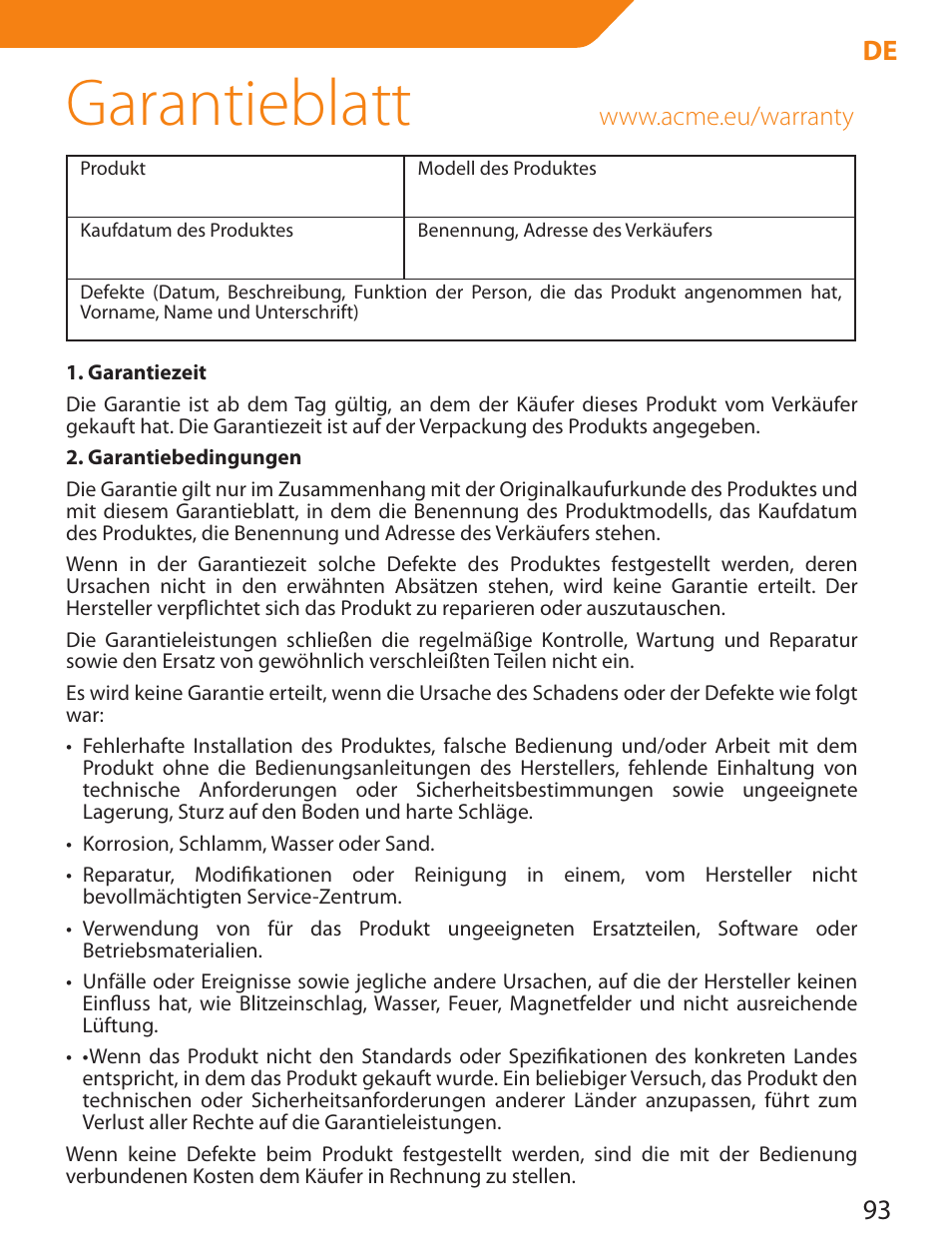 Garantieblatt, 93 de | Acme PLB103S User Manual | Page 93 / 102