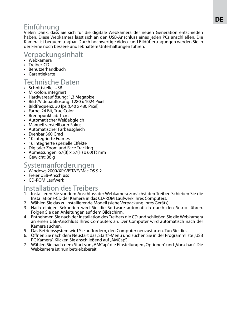 Einführung, Verpackungsinhalt, Technische daten | Systemanforderungen, Installation des treibers | Acme CA10 User Manual | Page 13 / 16