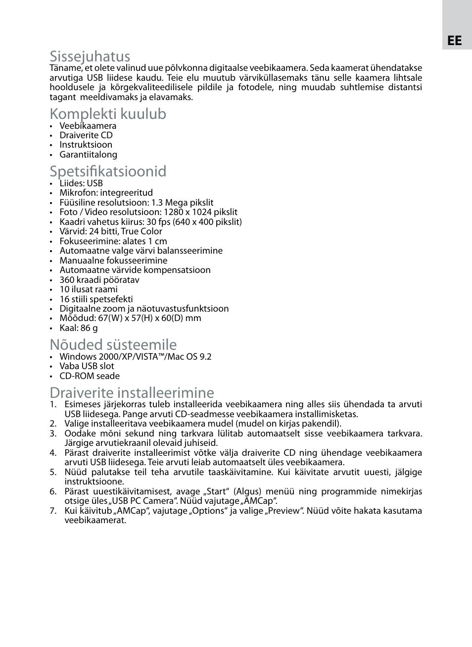 Sissejuhatus, Komplekti kuulub, Spetsifikatsioonid | Nõuded süsteemile, Draiverite installeerimine | Acme CA10 User Manual | Page 9 / 16