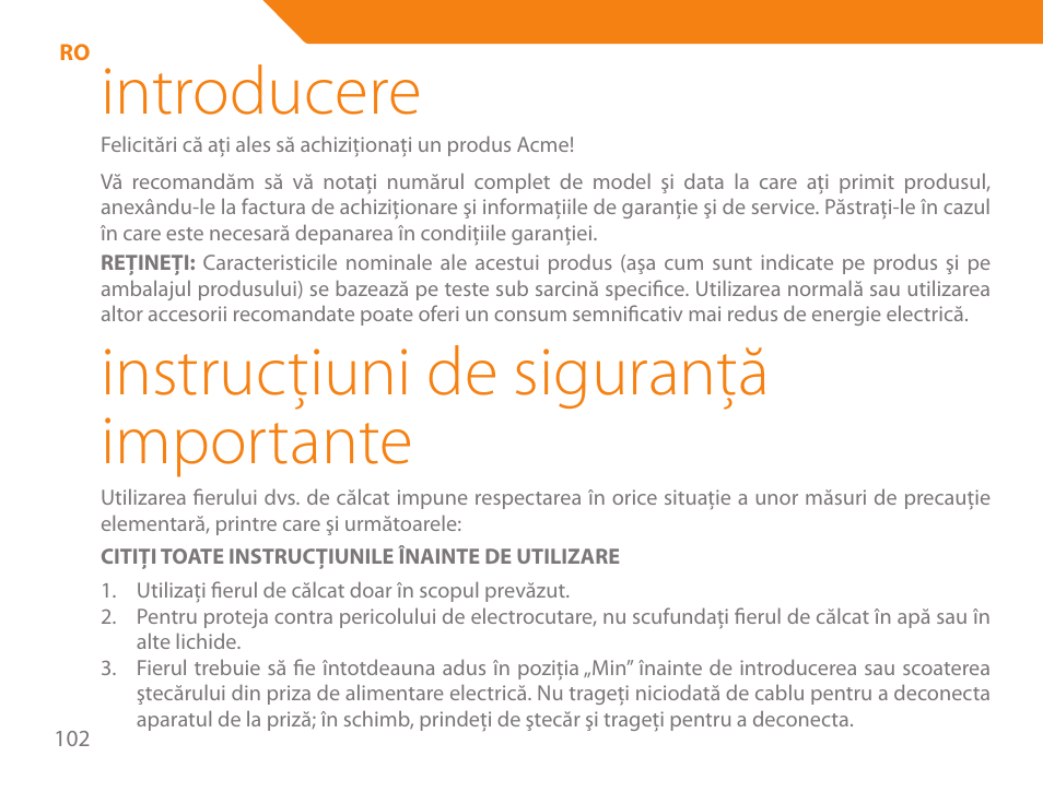 Introducere, Instrucţiuni de siguranţă importante | Acme IA-200 User Manual | Page 102 / 152