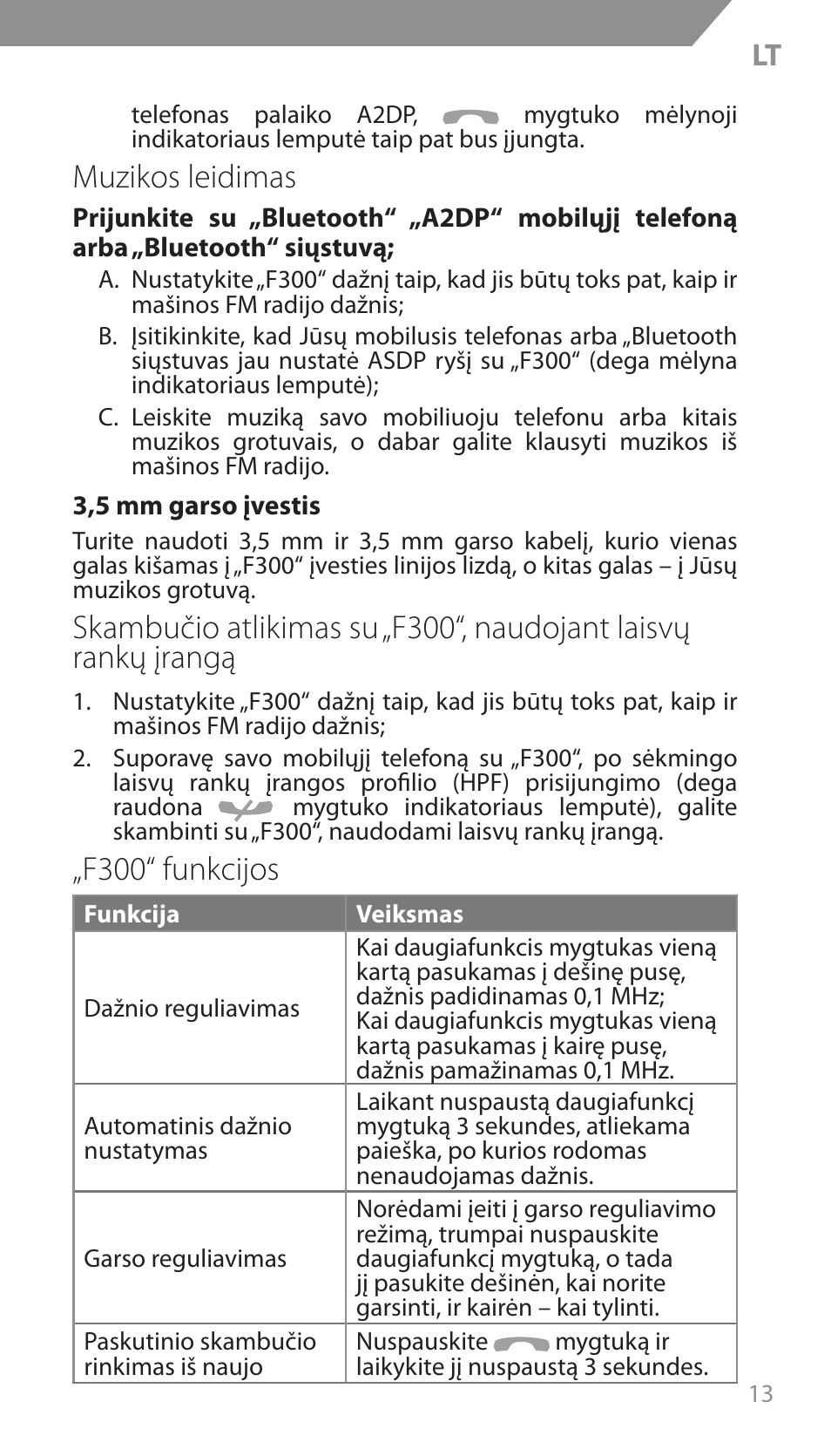 Muzikos leidimas, F300“ funkcijos | Acme F300 User Manual | Page 13 / 44