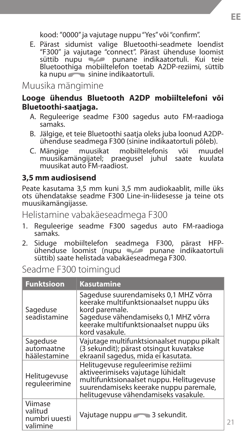 Muusika mängimine, Helistamine vabakäeseadmega f300, Seadme f300 toimingud | Acme F300 User Manual | Page 21 / 44