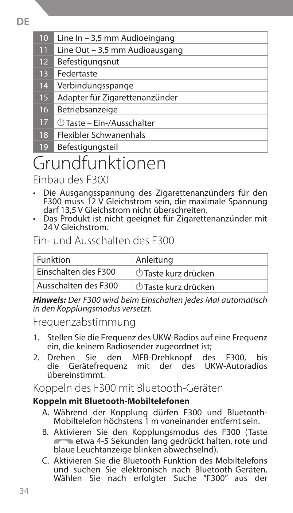 Grundfunktionen, Einbau des f300, Ein- und ausschalten des f300 | Frequenzabstimmung, Koppeln des f300 mit bluetooth-geräten | Acme F300 User Manual | Page 34 / 44