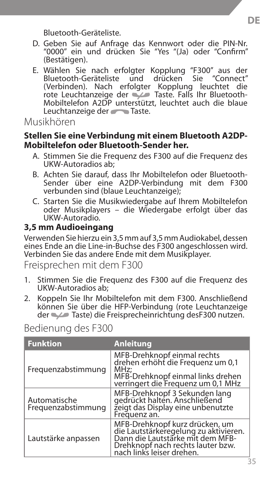 Musikhören, Freisprechen mit dem f300, Bedienung des f300 | Acme F300 User Manual | Page 35 / 44