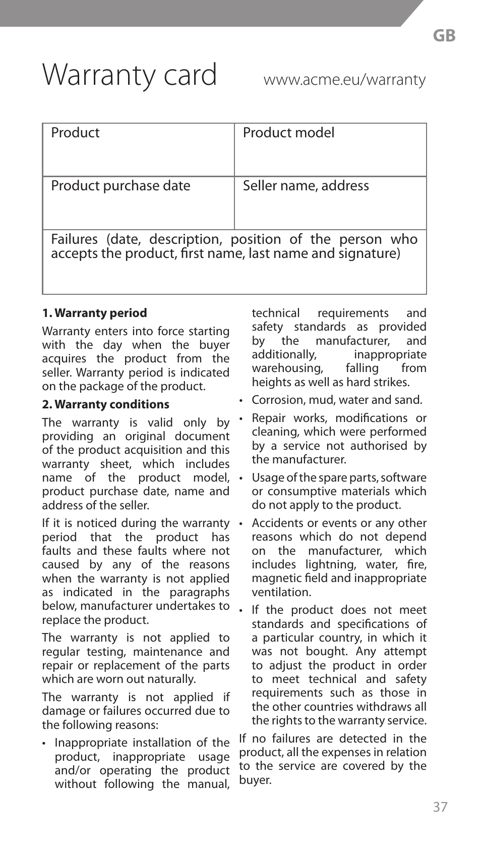 Warranty card | Acme F300 User Manual | Page 37 / 44