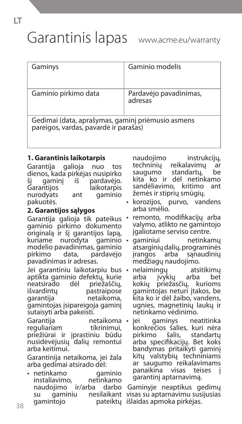 Garantinis lapas | Acme F300 User Manual | Page 38 / 44