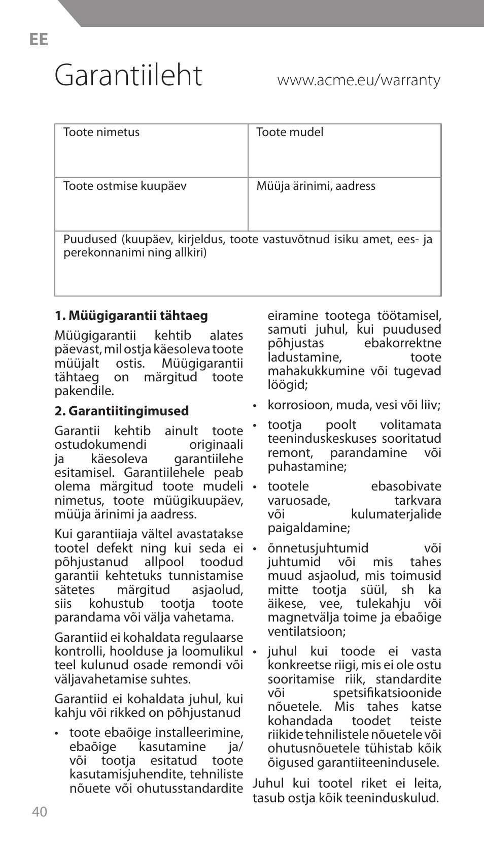 Garantiileht | Acme F300 User Manual | Page 40 / 44