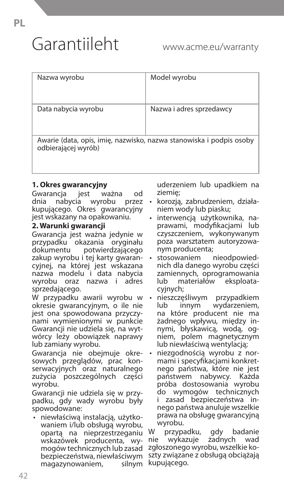 Garantiileht | Acme F300 User Manual | Page 42 / 44