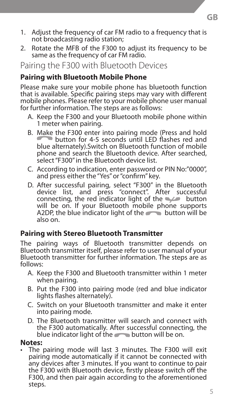 Pairing the f300 with bluetooth devices | Acme F300 User Manual | Page 5 / 44