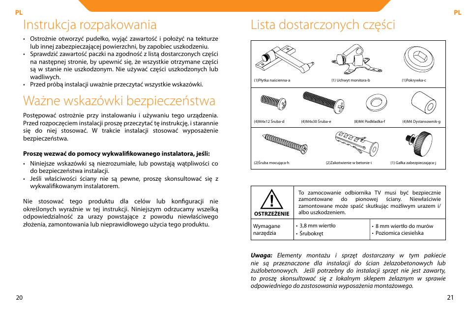 Instrukcja rozpakowania, Ważne wskazówki bezpieczeństwa, Lista dostarczonych części | Acme LCD104 User Manual | Page 11 / 34