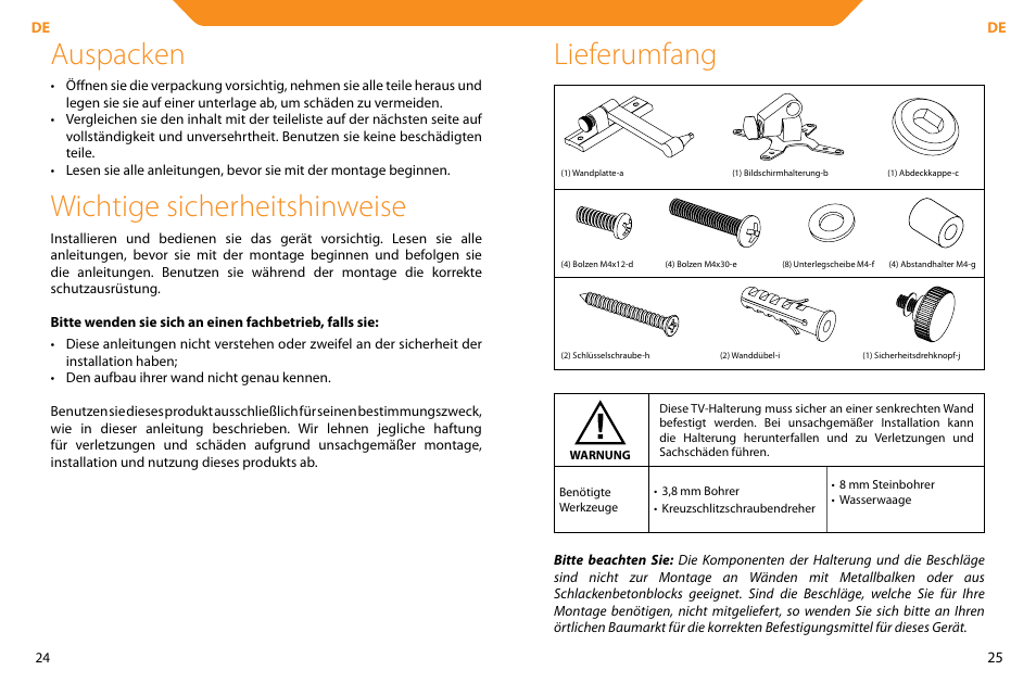 Auspacken, Wichtige sicherheitshinweise, Lieferumfang | Acme LCD104 User Manual | Page 13 / 34