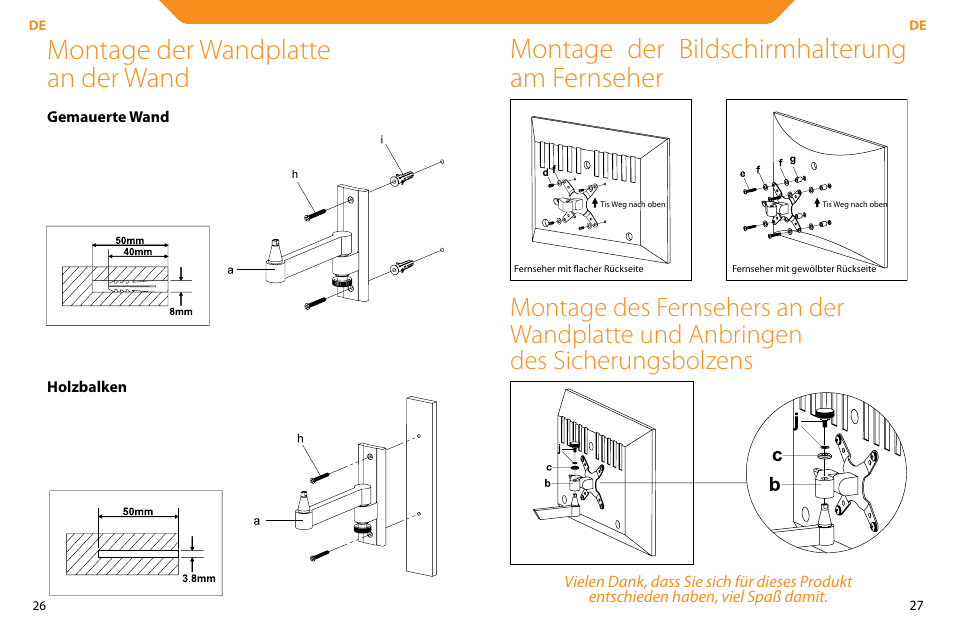 Montage der wandplatte an der wand, Montage der bildschirmhalterung am fernseher | Acme LCD104 User Manual | Page 14 / 34