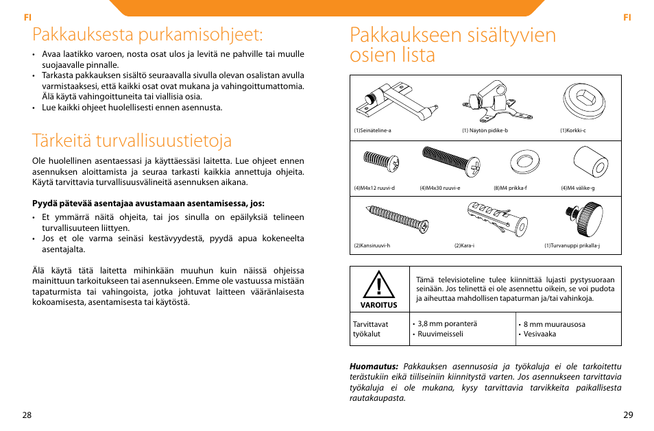 Pakkaukseen sisältyvien osien lista, Pakkauksesta purkamisohjeet, Tärkeitä turvallisuustietoja | Acme LCD104 User Manual | Page 15 / 34