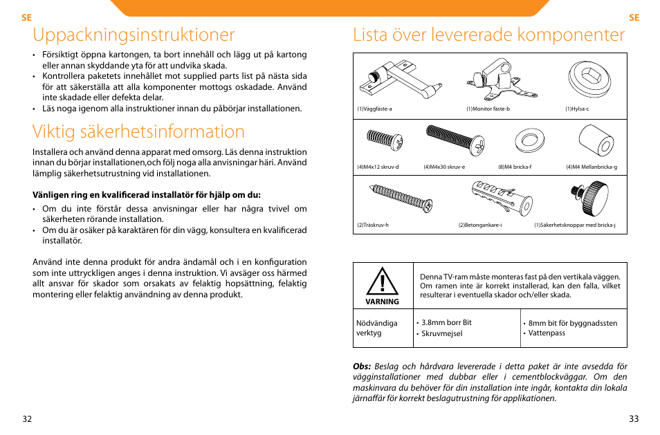 Uppackningsinstruktioner, Viktig säkerhetsinformation, Lista över levererade komponenter | Acme LCD104 User Manual | Page 17 / 34