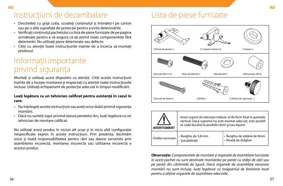 Instrucţiuni de dezambalare, Informaţii importante privind siguranţa, Lista de piese furnizate | Acme LCD104 User Manual | Page 19 / 34