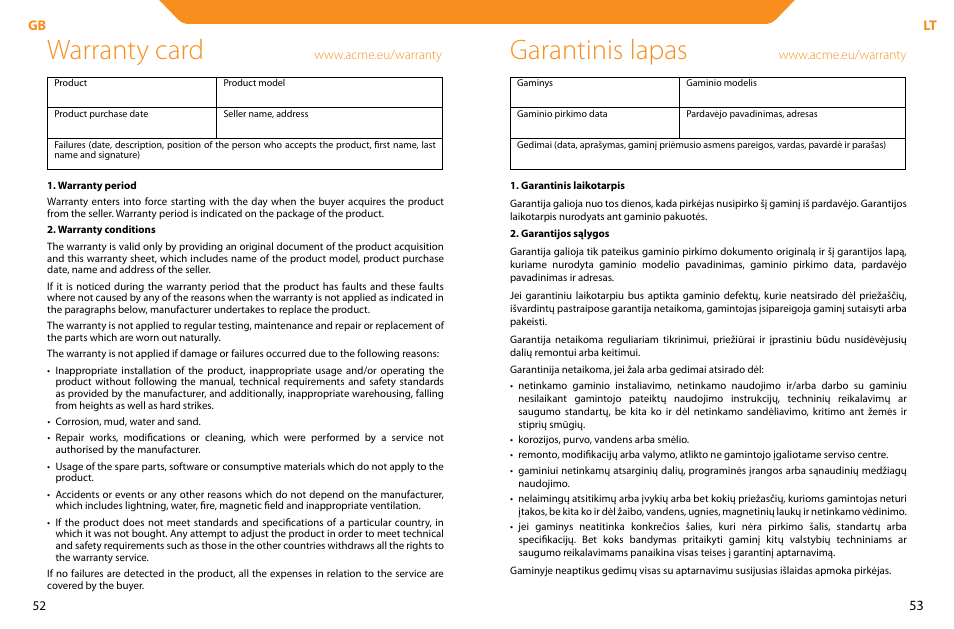 Warranty card, Garantinis lapas | Acme LCD104 User Manual | Page 27 / 34