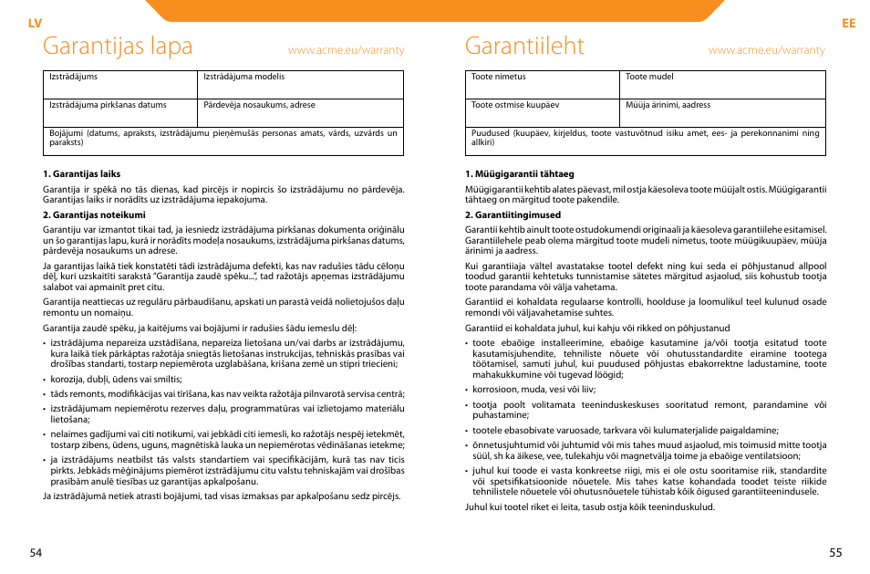 Garantijas lapa, Garantiileht | Acme LCD104 User Manual | Page 28 / 34