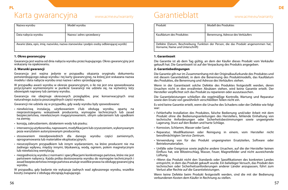 Karta gwarancyjna, Garantieblatt | Acme LCD104 User Manual | Page 29 / 34
