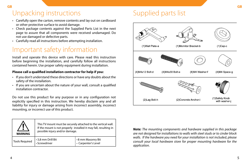 Unpacking instructions, Important safety information, Supplied parts list | Acme LCD104 User Manual | Page 3 / 34