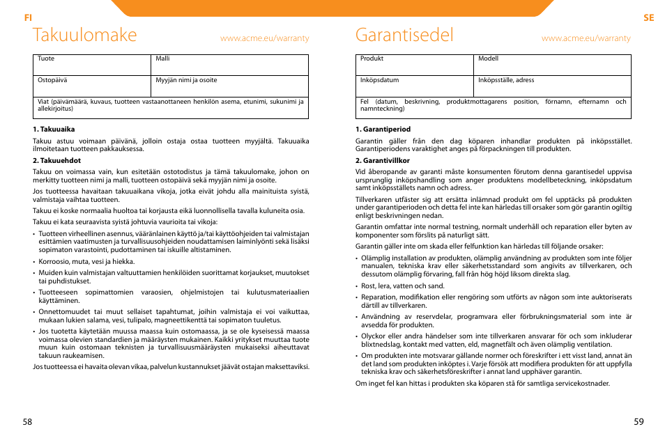 Takuulomake, Garantisedel | Acme LCD104 User Manual | Page 30 / 34