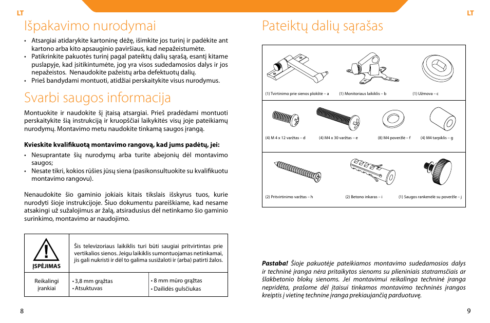 Išpakavimo nurodymai, Svarbi saugos informacija, Pateiktų dalių sąrašas | Acme LCD104 User Manual | Page 5 / 34