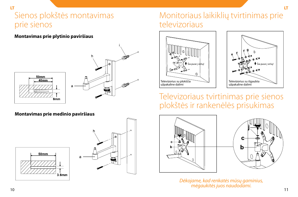 Sienos plokštės montavimas prie sienos | Acme LCD104 User Manual | Page 6 / 34