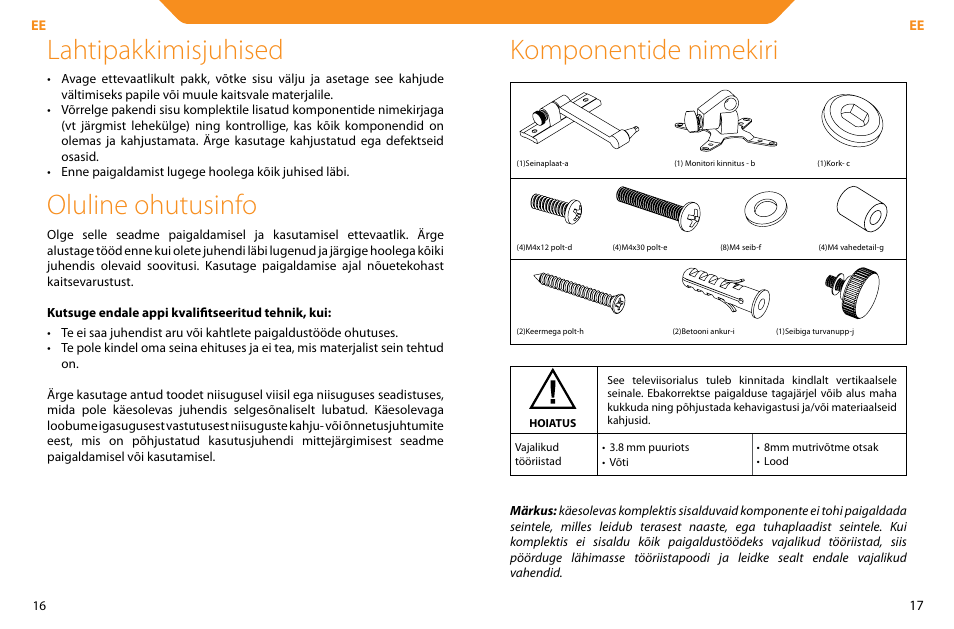 Lahtipakkimisjuhised, Oluline ohutusinfo, Komponentide nimekiri | Acme LCD104 User Manual | Page 9 / 34