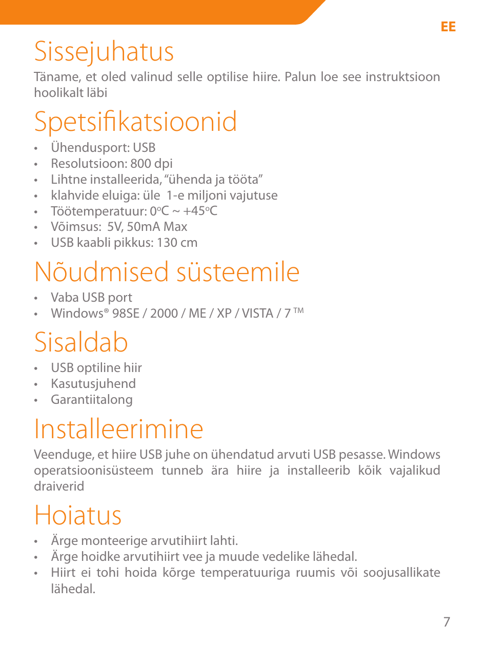 Sissejuhatus, Spetsifikatsioonid, Nõudmised süsteemile | Sisaldab, Installeerimine, Hoiatus | Acme MS04 User Manual | Page 7 / 28