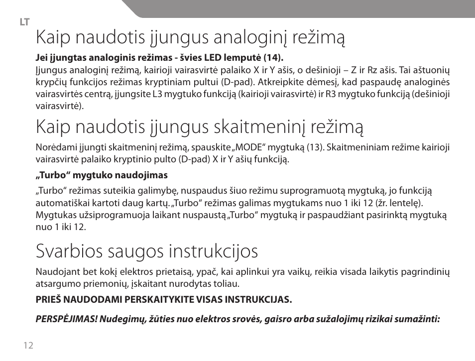 Kaip naudotis įjungus analoginį režimą, Kaip naudotis įjungus skaitmeninį režimą, Svarbios saugos instrukcijos | Acme GA06 User Manual | Page 12 / 96